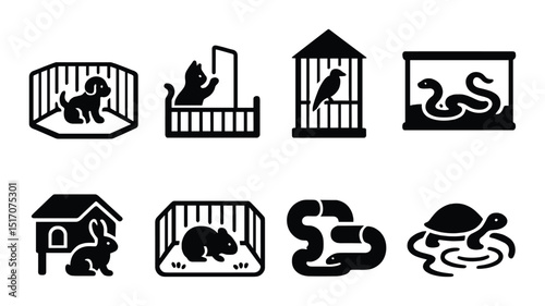 Animal habitats silhouette icon set. wildlife enclosures and zoo cage symbols