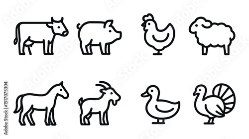 Farm animals silhouette icon set. livestock, agriculture, and barnyard symbols