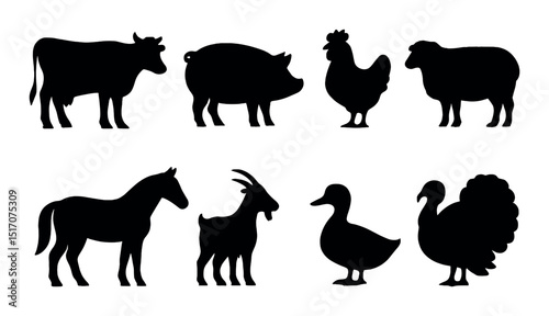 Farm animals silhouette icon set. livestock symbols and farmyard shapes