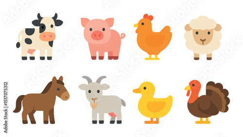 Farm animals flat icon set. livestock symbols and barnyard creatures graphics