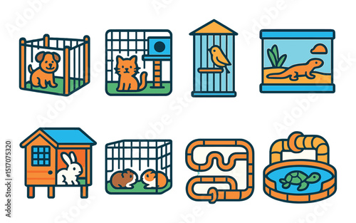 Pet shop flat icon set: animal care, grooming, and adoption symbols