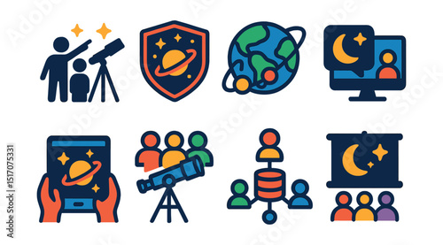 Flat vector icons of astronomy community: people stargazing, space club badge, global astronomy symbol, online forum, virtual sky tour, community telescope, shared data platform, meet-up event.