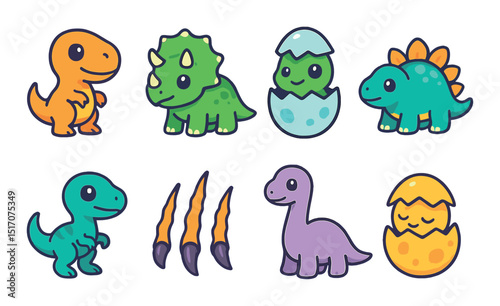 Dinosaur icon set featuring cute flat designs. prehistoric creature symbols