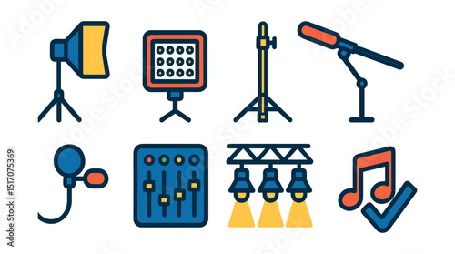 Flat vector icons of lighting and sound: softbox light, LED panel, light stand, boom mic, lav mic, audio mixer, lighting rig icon, soundcheck symbol.