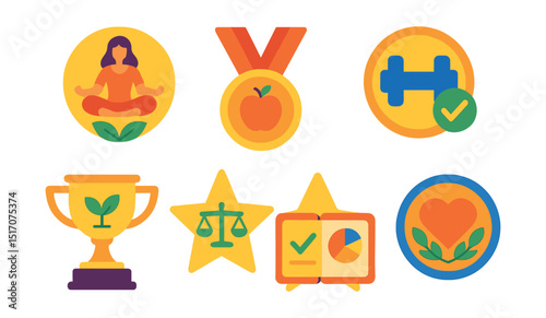 Flat vector icons of wellness challenge achievements: finishing 30-day yoga challenge badge, completing mindful eating program medal, mastering breathwork challenge ribbon, reaching consistent