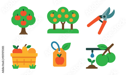 Flat vector icons of orchards and fruit trees: apple tree, orange orchard, pruning shears, fruit basket, orchard fence, tree tag, irrigation drip line, ripening fruit.