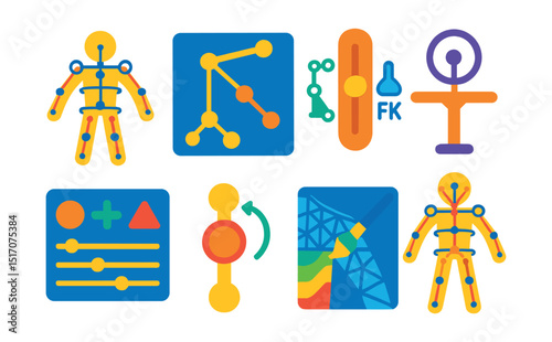 Flat vector icons of animation rigging and skeletons: character rig, bone hierarchy, IK/FK switch, control handle, rig panel, joint rotation, weight painting, rigged mesh.