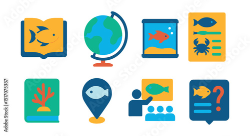 Flat vector icons of ocean education: marine book, ocean globe, aquarium tank, species chart, reef guide, conservation pin, marine class icon, ocean quiz.