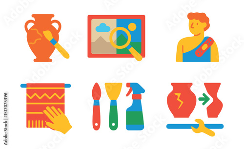 Flat vector icons of restoration and repair: artifact restoration, faded painting fix, manuscript cleaning, ancient statue repair, textile preservation, restoration tools, broken object before/after,