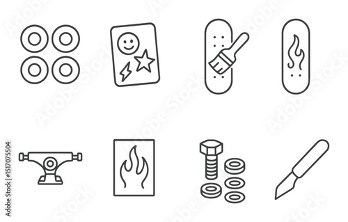 Skateboarding silhouette icon set. skater symbols and boarding equipment graphics