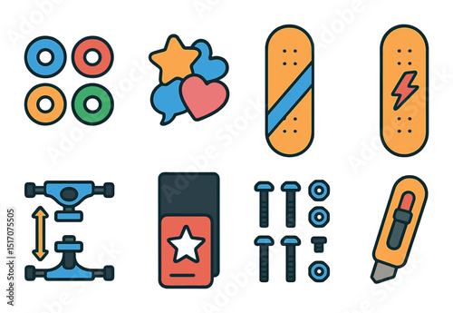 Skateboarding flat icon set. sports activity and equipment symbols for enthusiasts