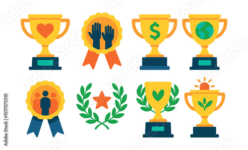 Flat vector icons of charity and volunteer trophies: top volunteer award cup, community service recognition badge, fundraiser champion trophy, humanitarian project success cup, charity event
