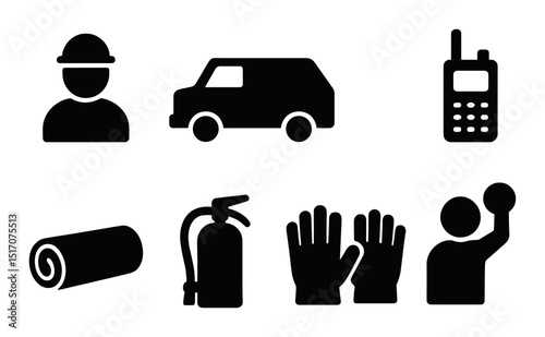 Safety equipment silhouette icon set. protection, gear, and emergency symbols