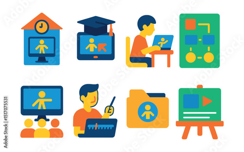 Flat vector icons of animation education: animation school icon, graduation cap with tablet, student animating, curriculum chart, animation class setup, instructor with timeline, homework folder,