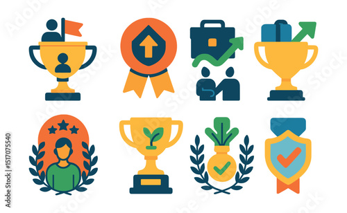 Flat vector icons of career development trophies: completing leadership program cup, first major promotion badge, successful career transition trophy, mentoring future leaders award, executive