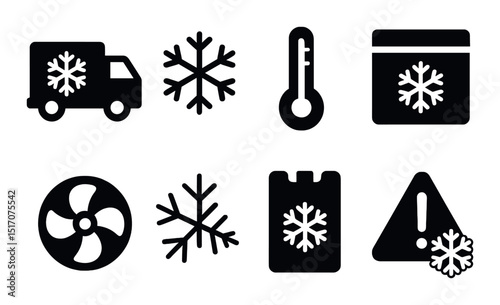 Cold storage silhouette icon set. refrigeration and freezing symbols for cooling applications