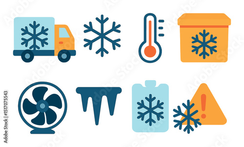 Cold storage flat icon set. refrigeration and cooling system symbols