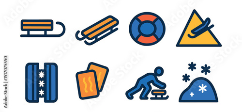 Flat vector icons of sledding and tobogganing: classic sled, toboggan, snow tube, downhill slope, snow track, hand warmers, push start, snow hill.