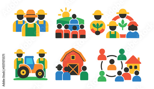 Flat vector icons of agricultural communities: farmer group, rural meeting, cooperative icon, farming family, shared tractor, barn gathering, support network, village council.