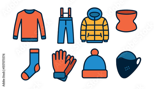 Flat vector icons of winter sportswear: thermal base layer, snow pants, insulated jacket, neck gaiter, ski socks, snow gloves, winter hat, face mask.