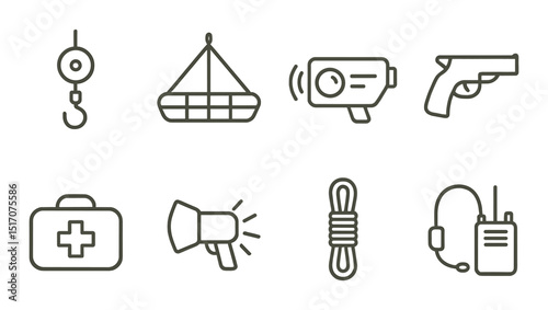 Industrial tools and equipment icon set. linear style work gear symbols