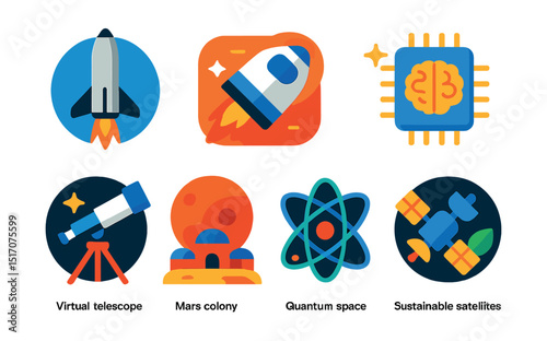 Flat vector icons of astronomy trends and future tech: reusable rockets, private space travel, exoplanet exploration, AI discovery tools, virtual telescope network, Mars colony concept, quantum space
