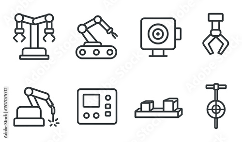 Industrial automation linear icon set. robotics and machinery symbols