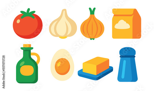 Flat vector icons of food ingredients: tomato, garlic, onion, flour bag, olive oil, egg, butter, salt shaker.