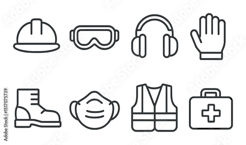 Safety equipment silhouette icon set. protection and precaution symbols