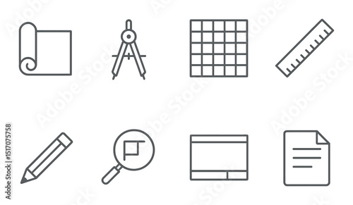 Architecture and design linear icon set. drafting and planning tools collection