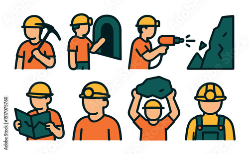 Construction worker icon set. flat design with builders and tools symbols