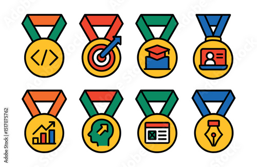 Flat vector icons of online education medals: completing coding bootcamp medal, mastering digital marketing course medal, online degree completion badge, virtual workshop finisher medal, skills