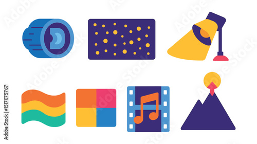 Flat vector icons of cinematic elements and tools: anamorphic lens icon, film grain overlay, cinematic frame bars, dramatic lighting icon, cinematic soundtrack icon, atmosphere effect, visual tone