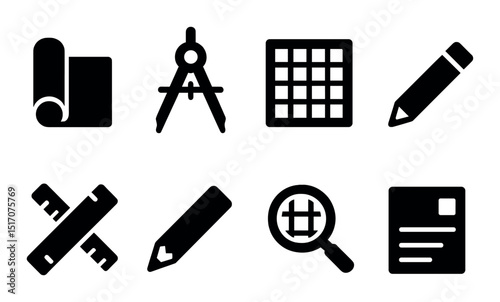 Architecture and design silhouette icon set. drafting and planning tools collection