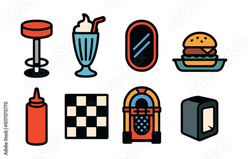 Flat vector icons of classic diner style: red stool, milkshake glass, neon sign, burger tray, ketchup bottle, checker floor, jukebox corner, napkin holder.