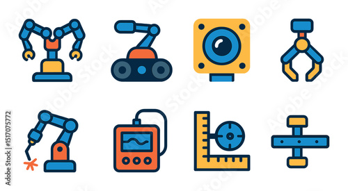 Robotics and automation icon set. flat style industrial and machinery symbols