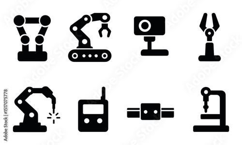 Industrial machine silhouette icon set. robotics, automation, engineering symbols