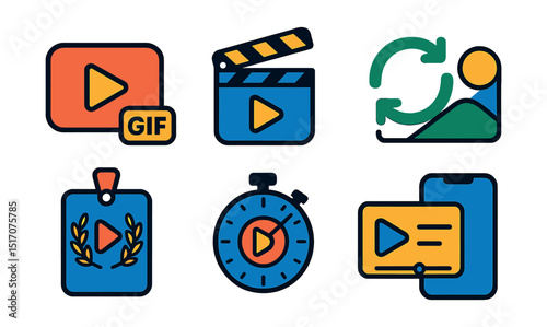Flat vector icons of short animations: animated GIF, short film clapperboard, looping icon, minimalist scene, festival entry card, 1-minute animation tag, teaser animation, mobile screen preview.