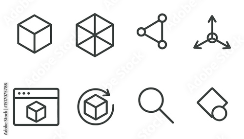 Geometric and 3d design icon set in linear style. shapes and modeling symbols