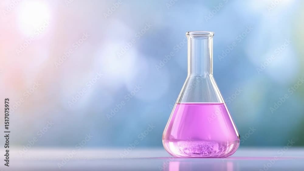 Pink Liquid in Erlenmeyer Flask: A pristine Erlenmeyer flask filled with a vibrant pink liquid sits on a clean surface against a soft, bokeh background.