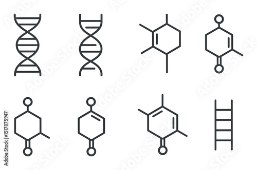 Science and chemistry silhouette icon set. lab and dna symbol designs