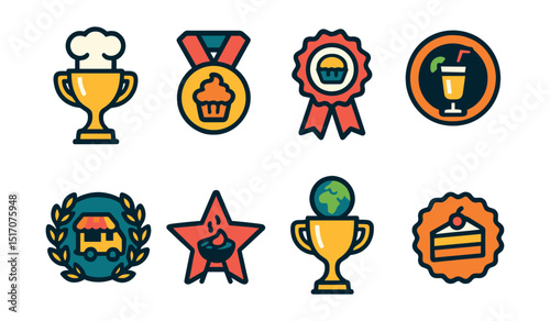 Flat vector icons of culinary competitions: best chef competition trophy, baking contest champion medal, food plating contest ribbon, mixology cocktail challenge badge, street food battle award,