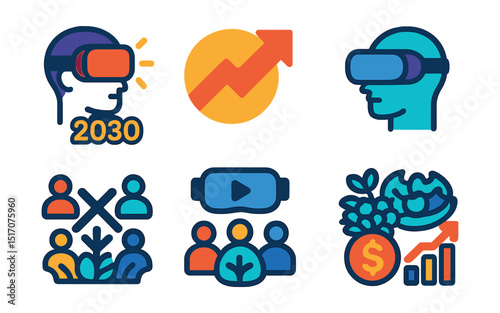 Flat vector icons of VR future and trends: 2030 VR vision, trend arrow icon, next-gen headset, cross-platform experience, mainstream adoption symbol, expanding ecosystem, VR economy icon, trend