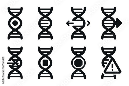 Dna and genetics silhouette icon set: genome, helix designs, biology symbols