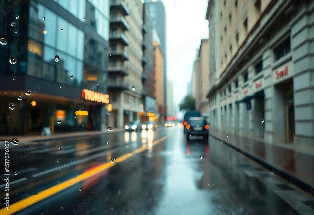 Obraz premium wet city street with buildings and cars
