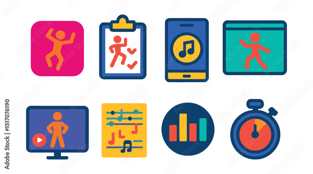 Flat vector icons of dance apps and digital tools: mobile app icon, choreography tracker, music sync app, live class app, instructor video, dance notation app, rhythm visualizer, practice timer. Flat vector icons of dance apps and digital tools: mobile app icon, choreography tracker, music sync app, live class app, instructor video, dance notation app, rhythm visualizer, practice timer.