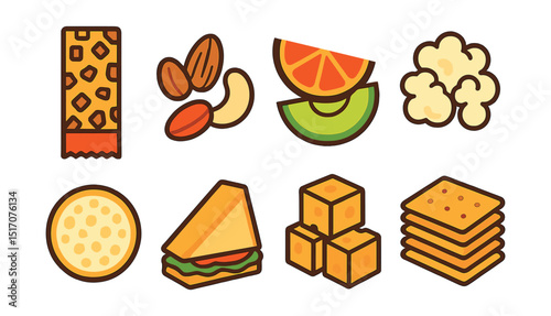 Flat vector icons of snack foods: granola bar, nuts mix, fruit slices, popcorn, rice cake, sandwich triangle, cheese cubes, cracker stack.