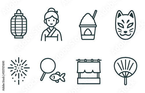 Japanese festival flat icon set. traditional culture and celebration symbols