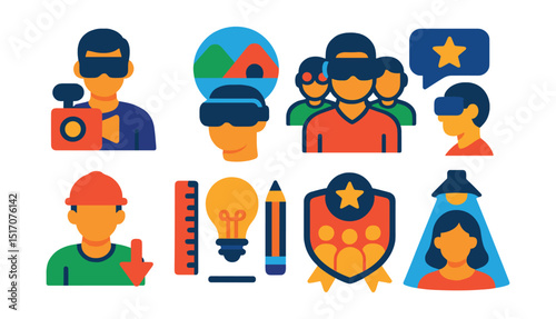 Flat vector icons of VR community and creators: content creator icon, user-generated experience, VR dev team, feedback session bubble, workshop avatar icon, creation tools, community badge, creator