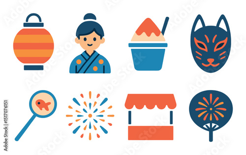 Japanese culture flat icon set featuring traditional and cultural symbols